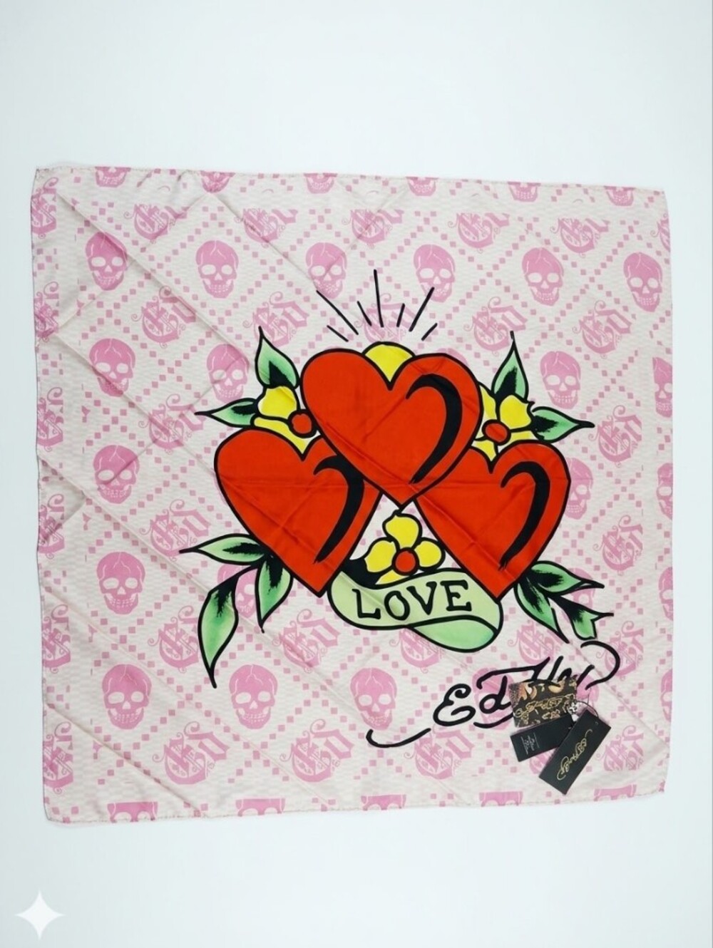 Ed Hardy 'Love' Pink Bandana with Red Heart Trio Graphic Scarf NWT
